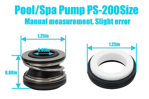 Dimensions and measurements of PS-200 Shaft Seal Replacement Kit for Pool and Spa Pumps, showing 5/8 inch and 1.25 inch sizes.