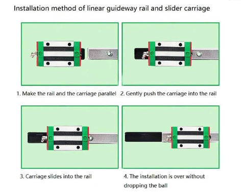 Installation process of 2Pcs EGH15 CA Carriage Slider Blocks for 15mm CNC Square Linear Guide Rail Kit showing correct alignment steps.