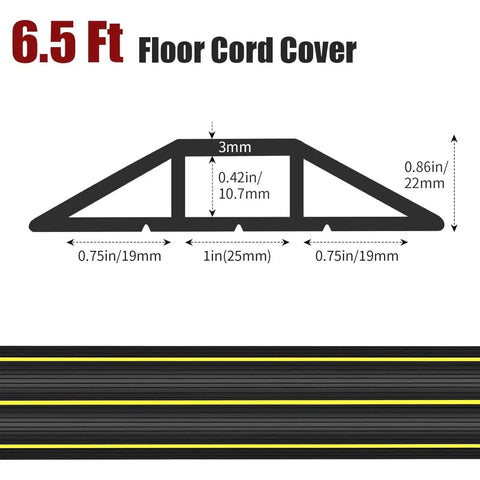 Diagram of a 6.5 Ft Floor Cord Cover with measurement details, featuring three channels and yellow warning lines on a black background.