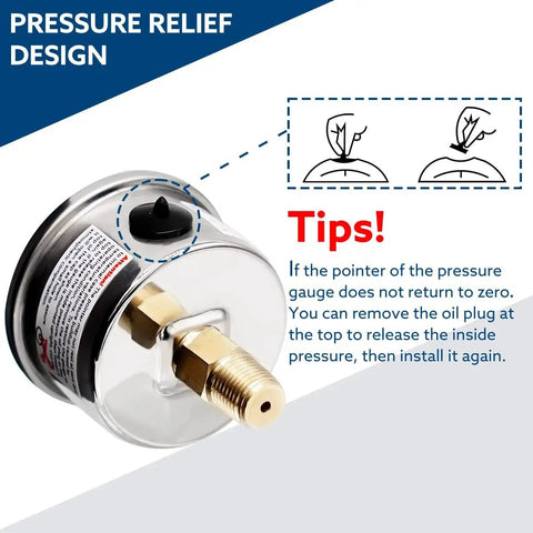 Inline Low Pressure Gauge 0-15 Psi For Water And Oil Testing, side view showing pressure relief design and oil plug details