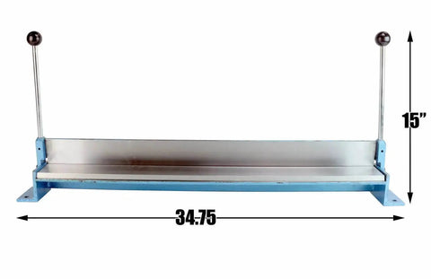 Front view of 30 Inch Heavy Duty Sheet Metal Hand Brake Bender For Bench Top Bending 0 To 90 Degrees, handles raised, blue base.