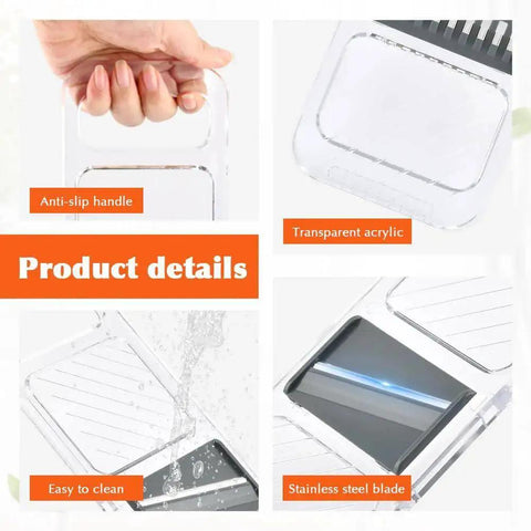 Six In One Mandoline Slicer with Adjustable Blades and Safe Hand Guard showing anti-slip handle and stainless steel blade details