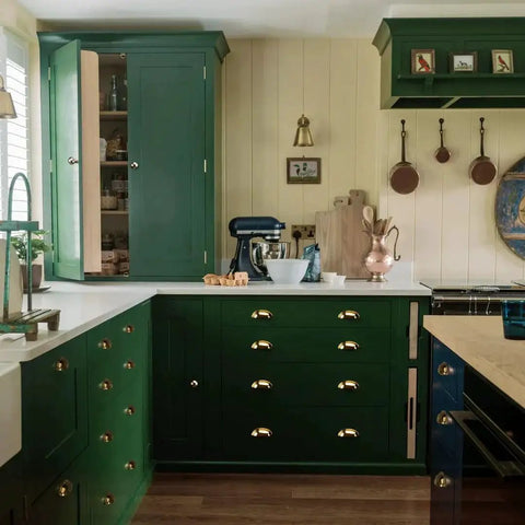 Stylish green kitchen with Unlacquered Brass Cabinet Knobs Five Pack Round Ball Knobs For Dresser Drawers on cabinets.