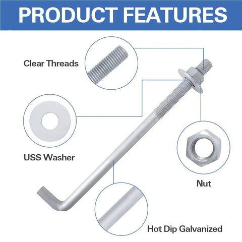 Concrete Anchor Bolts 3/4 In By 10 In L-Shaped Hot-Dip Galvanized 10 Pack With Nuts And USS Washers shown with features highlighted