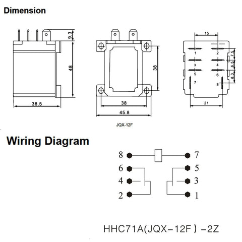 Technical diagram of Heavy Duty 12V DC Relay Pack of 2 with 8 Pin Coil, 30A DPDT, 2NO and 2NC Contacts, Flame Retardant Housing.