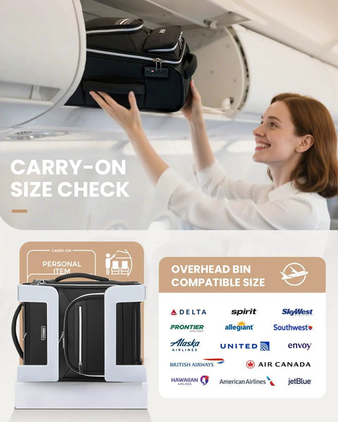 Underseat Carry On Luggage For Women 16 Inch Softside Rolling Bag being placed in airplane overhead compartment