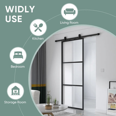 Glass Barn Door 36x84 Reeded Glass With Carbon Steel Pre Drilled Frame Sliding Door Panel Includes 6 Ft Hardware Kit