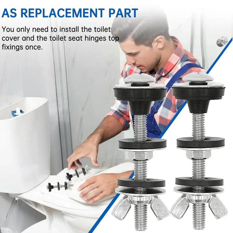 Stainless Steel Toilet Tank To Bowl Bolts Kit With Washers Universal Waterproof; man installing bolts on toilet.