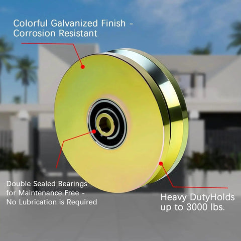 Close-up of 6-inch galvanized V-groove wheel with sealed bearings for gates, noting corrosion resistance and heavy-duty up to 3000 lbs capacity