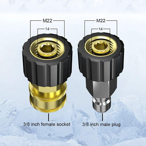 POHIR pressure washer hose quick-connect fittings: 3/8 in female socket and 3/8 in male plug with M22 14mm threads