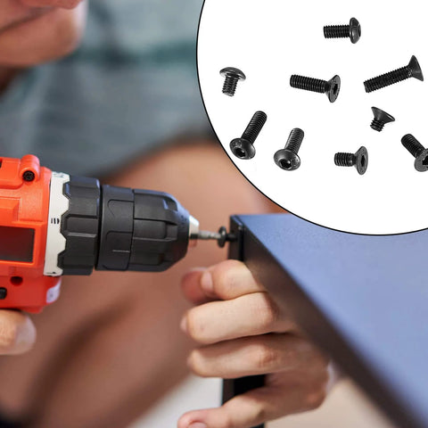 Person using drill with 720 Pcs M3 Hex Socket Cap Bolts Screws Assortment Kit With Pan Head And Flat Head Button Style, Black Alloy Steel