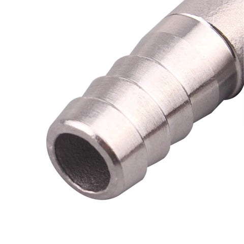 Stainless steel 1/2 in hose barb to 1/2 in male NPT 90-degree elbow fitting.