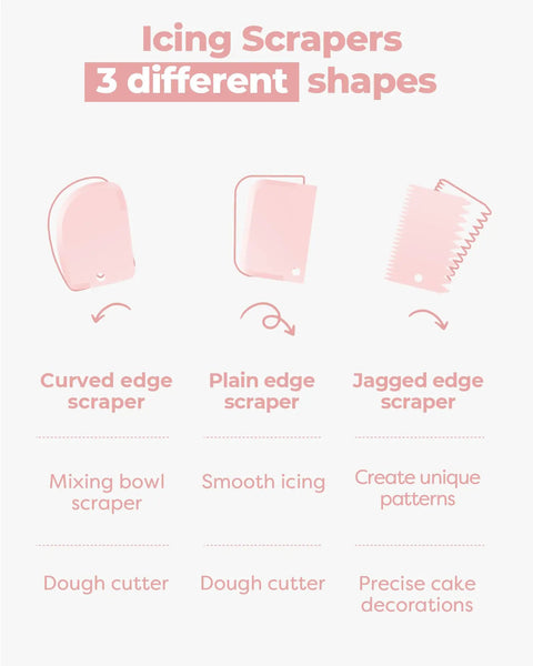 Illustration of three icing scrapers: curved, plain, and jagged edge for All In One Cake Decorating Kit With Turntable And 12 Piping Tips Set
