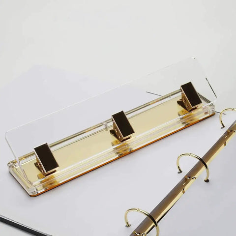 Clear Acrylic 3 Hole Punch For 10 Sheets With Four And A Quarter Inch Hole Spacing Gold Accents Easy No Fuss Desktop Puncher