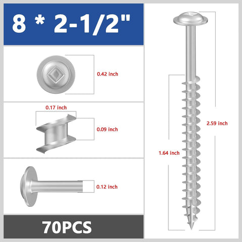 White Pocket Hole Screws Set Size Eight By Two And A Half Inch, Seventy Pieces, includes dimensions and features
