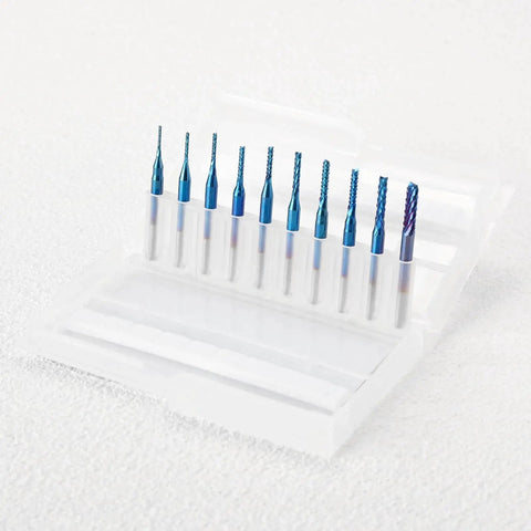 Pro Grade Nano Blue Coat End Mills Set For CNC Router Bits, 10Pcs From 0.8mm To 3.0mm Cutting Diameter, One Eighth Inch Shank shown in case