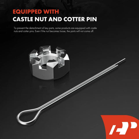 Castle nut and cotter pin for front suspension hardware, metallic silver on dark background