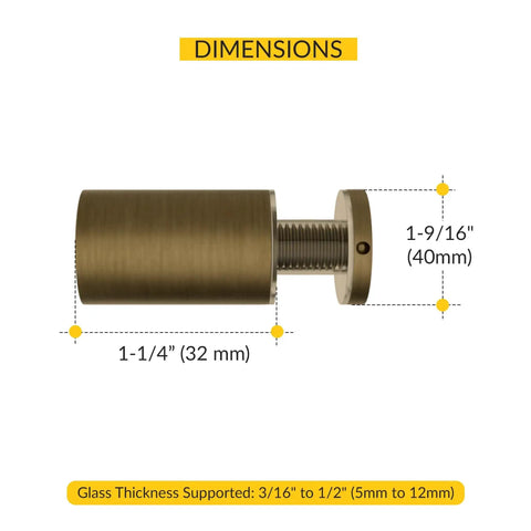 Solid Brass Glass Door Knob With Antique Brass Finish, Single Mount, Fits Three Sixteenths To One Half Inch Glass, Dimensions Shown