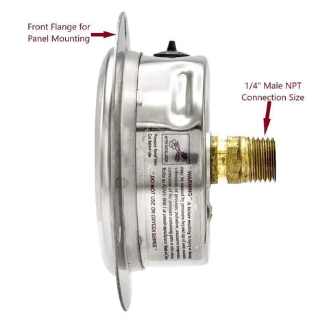 Side view of Glycerin Filled Panel Mount Pressure Gauge With Front Flange Two And A Half Inch Dial Zero To Five Thousand Psi One Quarter Inch NPT Brass Internals Stainless Steel Case Plastic Lens Workhorse Quality For Air Water Oil Gas PIC Gauges PRO 204L 254R showing NPT connection brass internals.