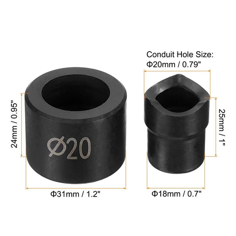 Conduit Punch and Die Set for Hydraulic Knockout Driver, 20mm Hole Cutter, 31mm lower die, 18mm and 25mm upper dies shown