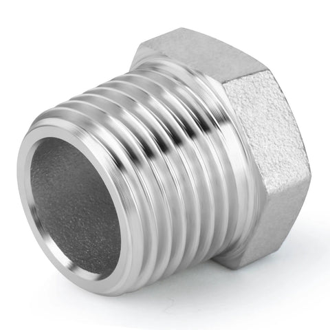 Reducer hex bushing fitting in 304 stainless steel with external threads for pipe adapter.