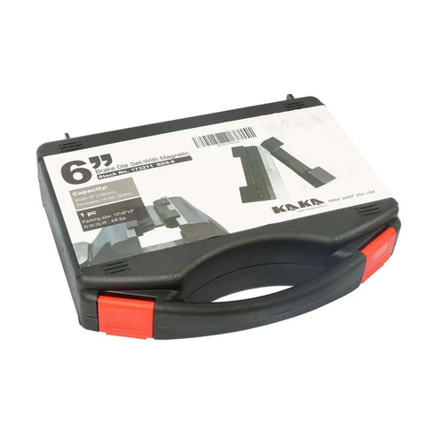 6 Inch Magnetic Vise Mount Metal Brake Bender packaging with handles for 14 gauge steel and 1/8 inch aluminum, 3 removable fingers included.