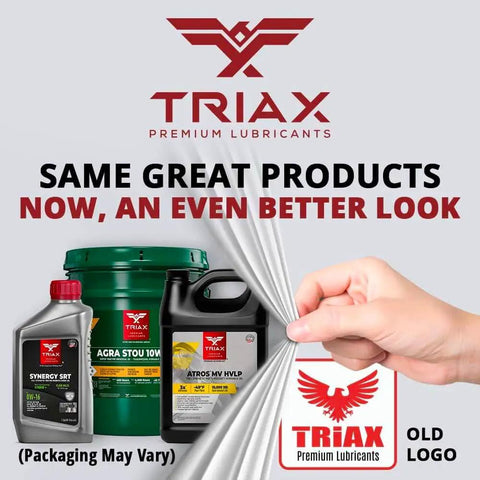 Triax premium lubricants packaging update with new logo, showing bottles and containers in updated design.