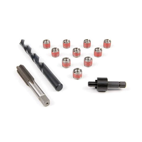 Metal Thread Repair Kit With Stainless Steel Threaded Inserts For Standard Wall 3/8-16 x 9/16-12, drill, tap, and tools visible