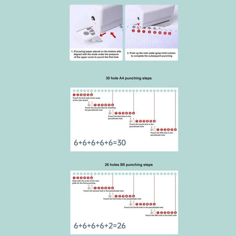 Heavy Duty Do It All 6 Hole Paper Puncher Portable Adjustable Metal Hole Punch instructions for A4 A5 B5 paper formats with diagram
