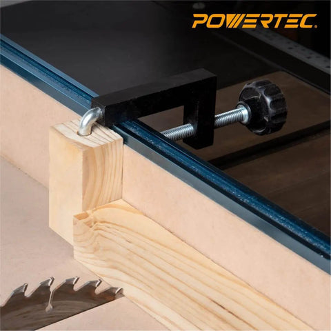 Four Piece Universal Fence Clamps for Woodworking securing a fence on a table saw with a three eighths inch rod.