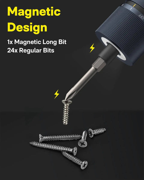 Workhorse Cordless Electric Screwdriver Kit with magnetic hex bit and screws showing 1x magnetic long bit and 24 regular bits