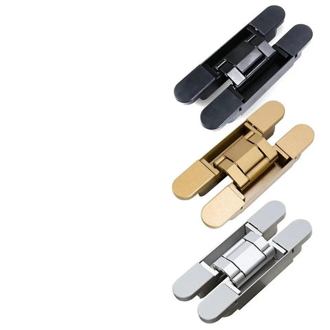 Three Folding Cross Door Hinge Invisible Stainless Steel Hardware Heavy Duty 180 Degree Concealed Three Dimensional Black Hinge, gold, and silver