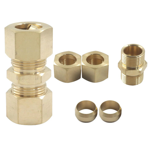 Brass compression tube fittings, 1/2 in OD x 1/2 in OD, 5-pack union connectors with nuts and ferrules.