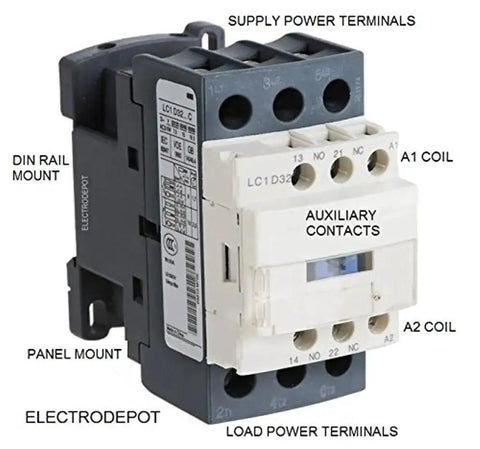 Image showing a 30 Amp 3 Pole Contactor Bundle with 110 to 120V coil, featuring labeled power terminals and mounts for industrial use.