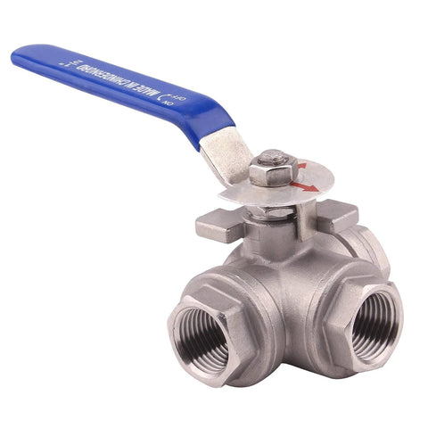 DERNORD 3-way ball valve, stainless steel 304, 1/2 in NPT, blue vinyl locking handle, female ports