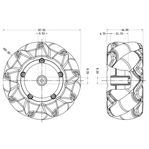 Technical drawing of 96mm High Hardness Plastic Mecanum Wheel Set For Omni Directional Robot Cars With 6mm Hubs 15KG Load