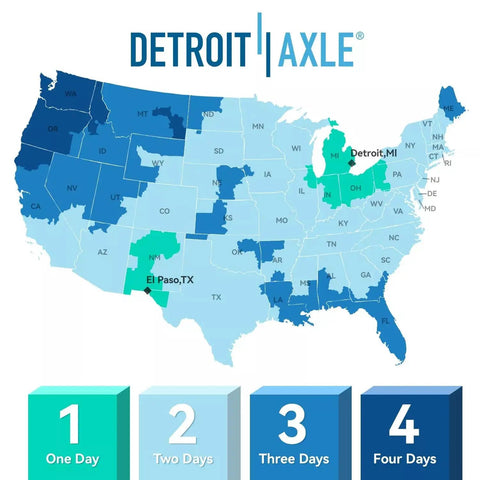 Map showing Detroit Axle shipping zones across the USA, with color coding for delivery times from one to four days.