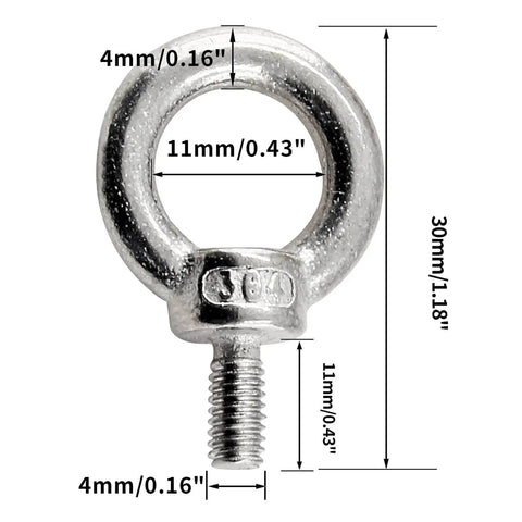 Front view of a 12 Pack M4 Lifting Eye Bolt 304 Stainless Steel Heavy Duty Tough As Nails Machinery Shoulder Ring Eye Bolt, 11mm inner diameter.