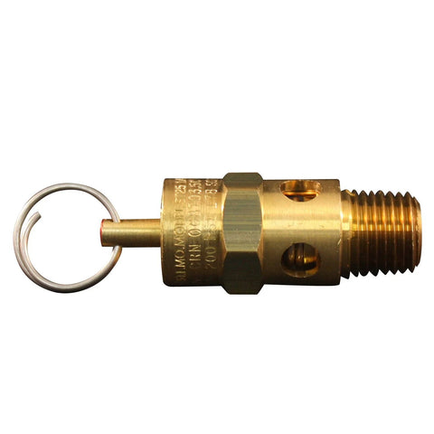 Milton S-1090-200 ASME safety valve, brass body, 1/4 in MNPT threads, 200 psi pop-off.
