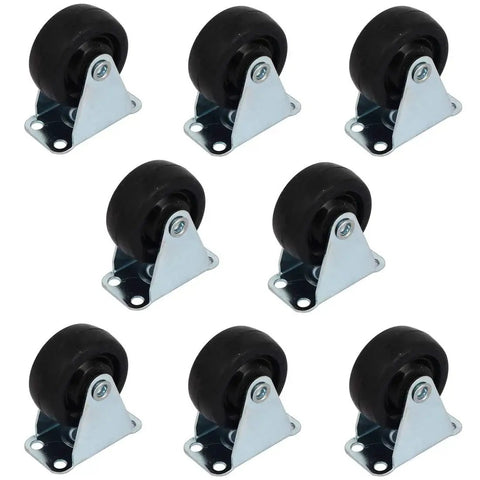 1.5 Inch Diameter Rubber Fixed Caster Wheels With Top Plate Non Swivel 8 Pack Silver Tone Metal Top Plates Black Rubber Wheels