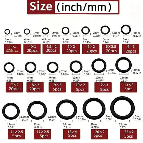 225 Piece O Ring Kit With 20 Size Rubber Seals chart, showing various inch/mm dimensions for plumbing and mechanical equipment repairs.