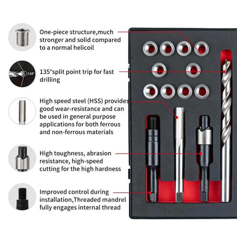 Beefy Heavy Duty Three Eighths By Sixteen SAE Thread Repair Kit with stainless steel inserts, HSS drill, tap, counterbore, driver.