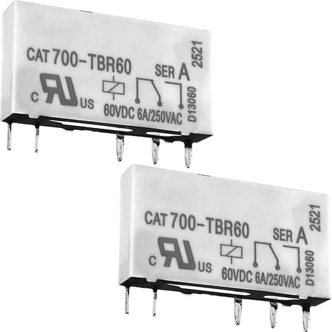 Two Beefy 5 Pin Relay 60VDC 6A And 250VAC SPDT DIN Rail Mount Industrial Relays for control panels, showing labels and pins.