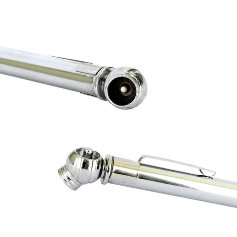 Chrome WYNNsky pencil tire gauge, 1–20 PSI, two views: nozzle end and cap with pocket clip