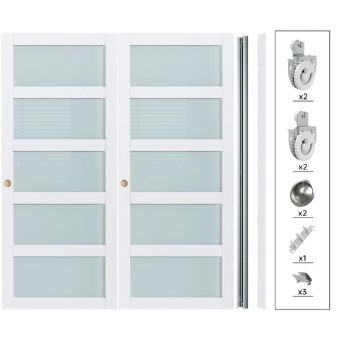 Bypass Sliding Closet Door Set, 72 By 80 Inches, Double 37 Inch Panels, 5 Lite Frosted Glass, White Barn Door With Hardware Kit Included