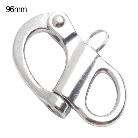 Close-up of 96mm marine-grade 316 stainless steel quick-release shackle with fixed bail