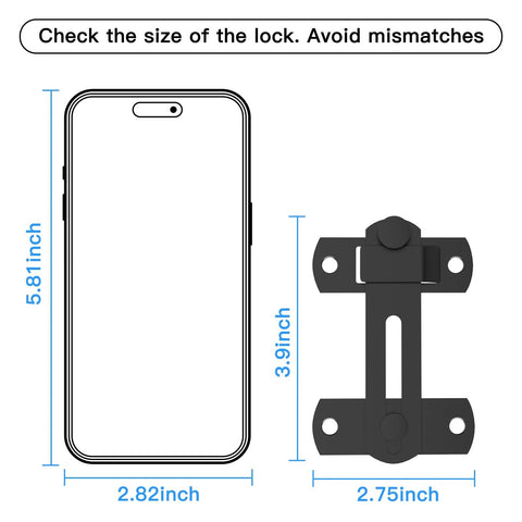 180 Degree Flip Sliding Barn Door Lock For Privacy And Safe Door Lock Latch dimensions next to smartphone for size comparison