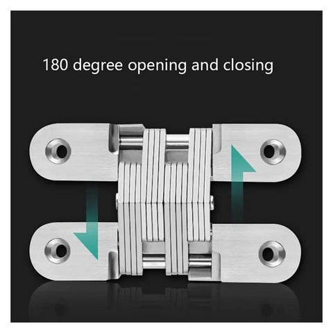 Cross Hidden Door Hinges 180 Degree Zinc Alloy Invisible Folding Hinge for Cabinets, stainless steel, front view.