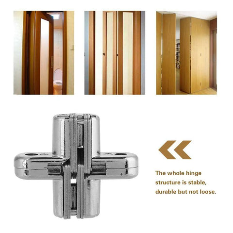 Two Pack 180 Degree Hidden Door Hinges Zinc Alloy Invisible Concealed Cross Hinge For Cabinets And Furniture Easy Installation 6 Kg Bearing XS Size Durable Abrasion Resistant Hardware Kit close-up view and installed examples