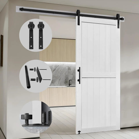 36x84 Inch MDF Barn Door Kit With 6.6 Ft Sliding Hardware, in a modern interior, white PVC surface with smooth glide track system